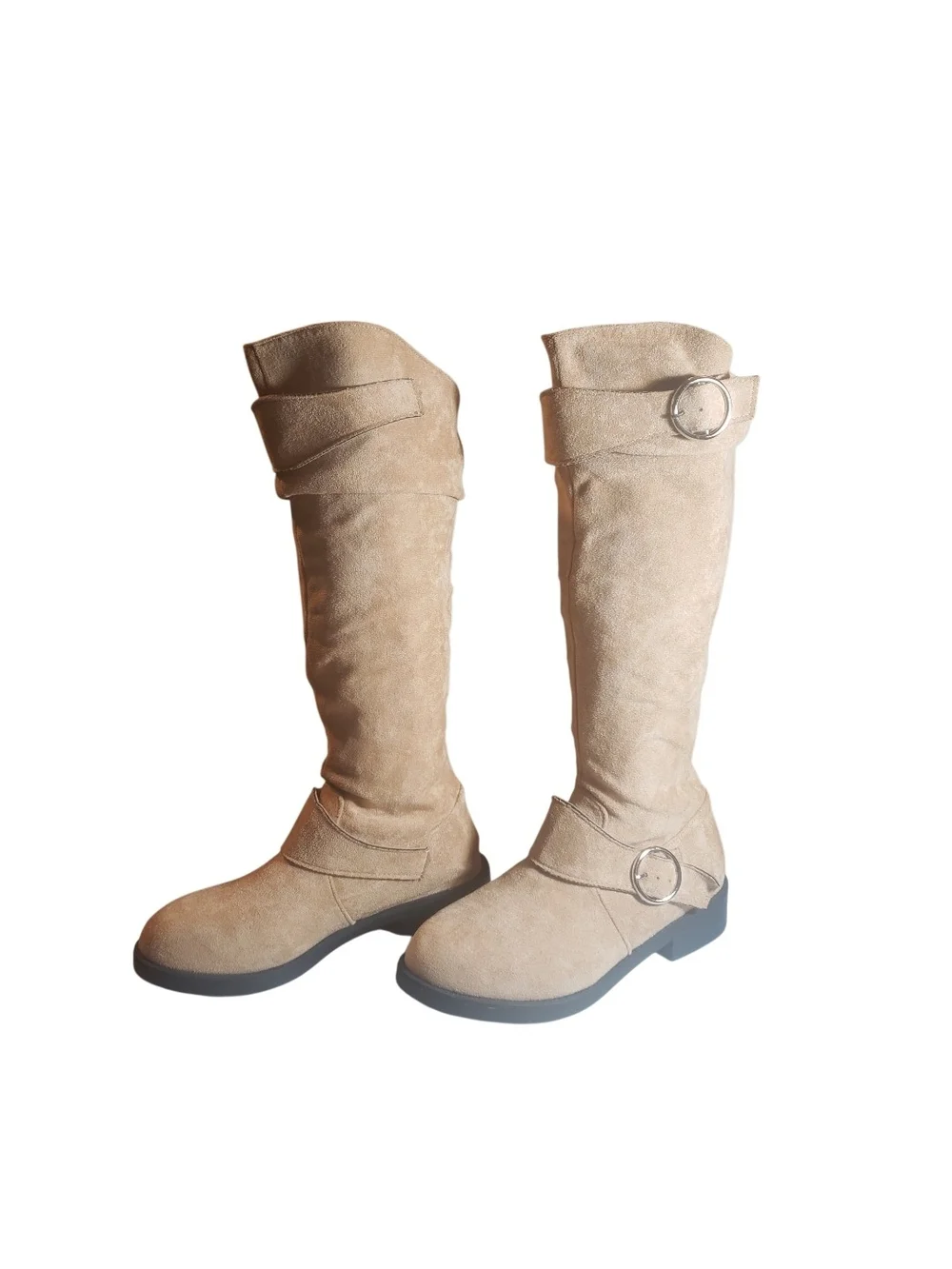 Women's sz 6.5 tall buckle knee-high boots - beige